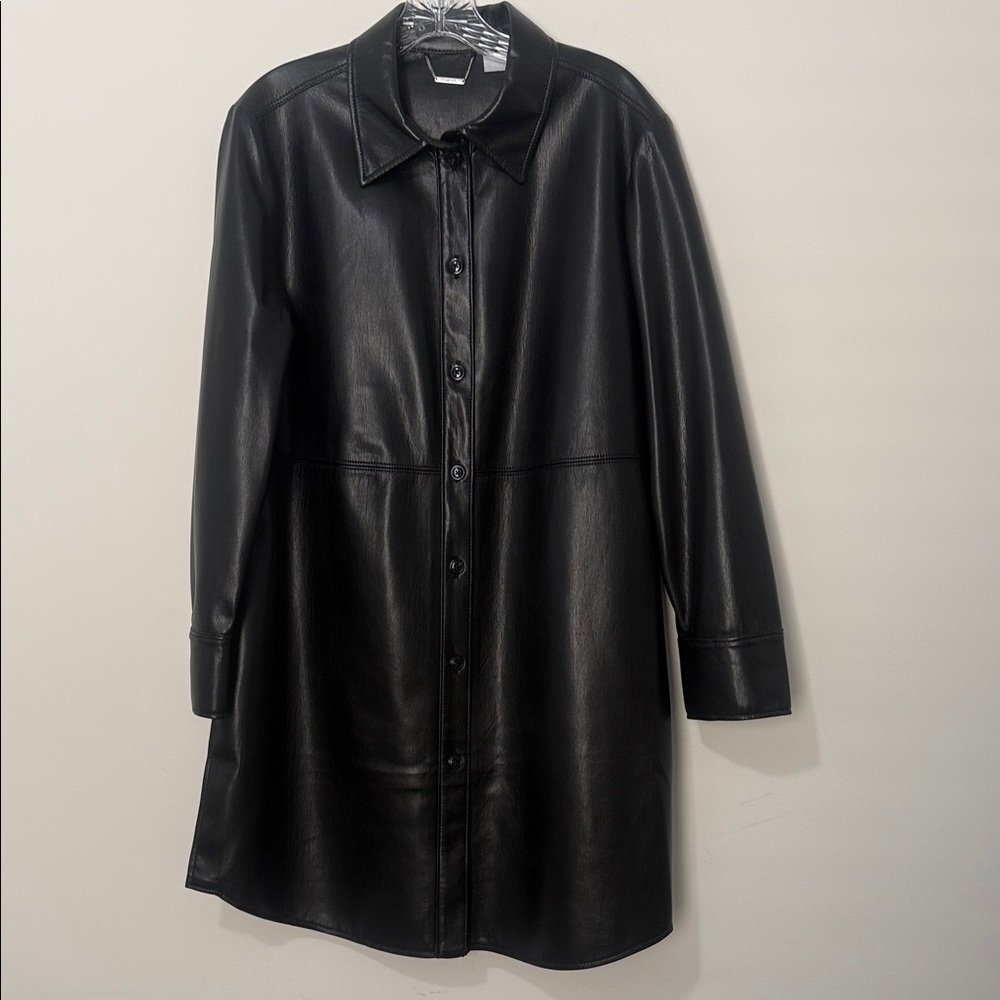 Chicos faux leather fully lined black longer jacket, size 12